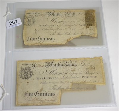 Lot 267 - 5 x Provincial Banknotes, all Whitby Bank & comprising: 5 guineas dated 1799, for Pease, Richardson