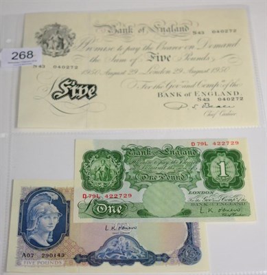 Lot 268 - Bank of England White £5 Beale, 29 Aug 1950, minimal handling marks AUNC, together with...