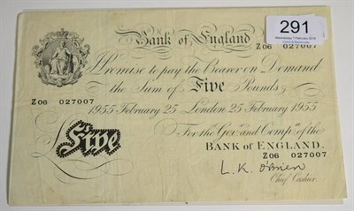 Lot 291 - Bank of England White £5 O'Brien, Feb 25 1955, vertical & horizontal creases, wrinkles, AFine