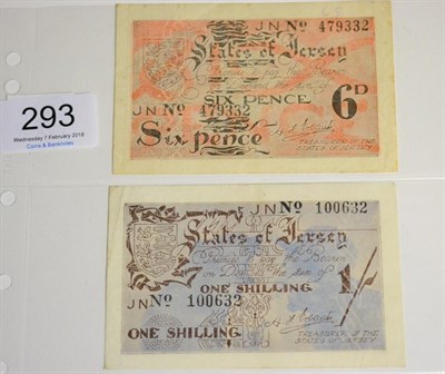 Lot 293 - Jersey, 2 x WWII Issue Banknotes comprising: sixpence: black on red-brown underprint, obv....