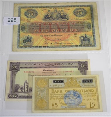 Lot 298 - Scotland, 3 x £5 Banknotes comprising: The Union Bank of Scotland Limited, 2 February 1933,...