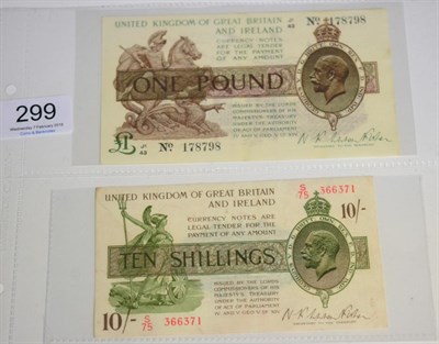 Lot 299 - 2 x Treasury Notes comprising: £1 Warren Fisher, second issue (February 1923) J1/43 EF & 10...