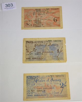 Lot 303 - Jersey, 3 x WW11 Issue Banknotes comprising: Six Pence prefix JN, issued April 1942 to February...