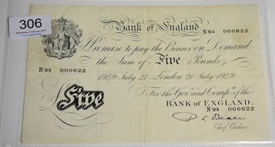 Lot 306 - Bank of England White £5 Beale, 21 July 1949; vertical & horizontal creases, corner folds &...