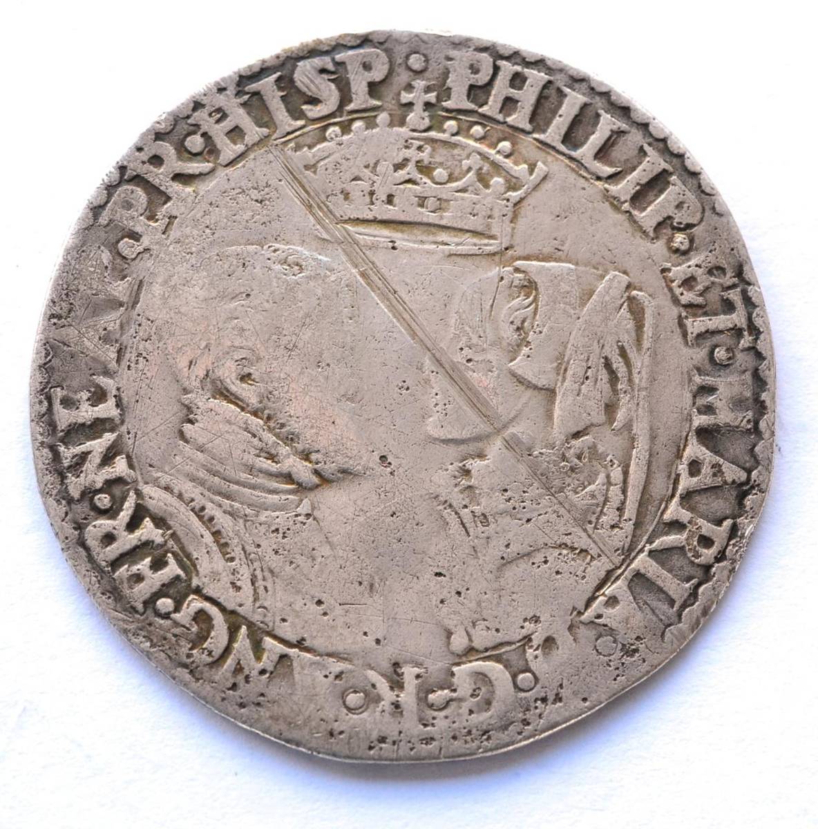 Lot 11 - Philip & Mary Shilling, undated & no MM, obv facing busts with full titles, scratch from 11 to...