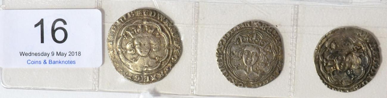 Lot 16 - 3 x Groats comprising: Edward III Pre-Treaty period, London Mint, MM cross 1, obv. EDWARD D G...