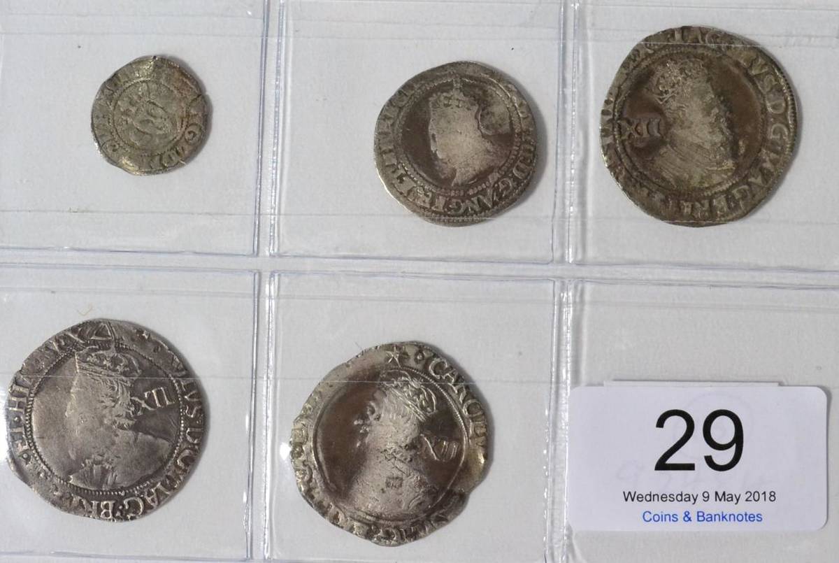 Lot 29 - 5 x English Hammered Silver Coins comprising: Edward I penny, London Mint, edge striking cracks...
