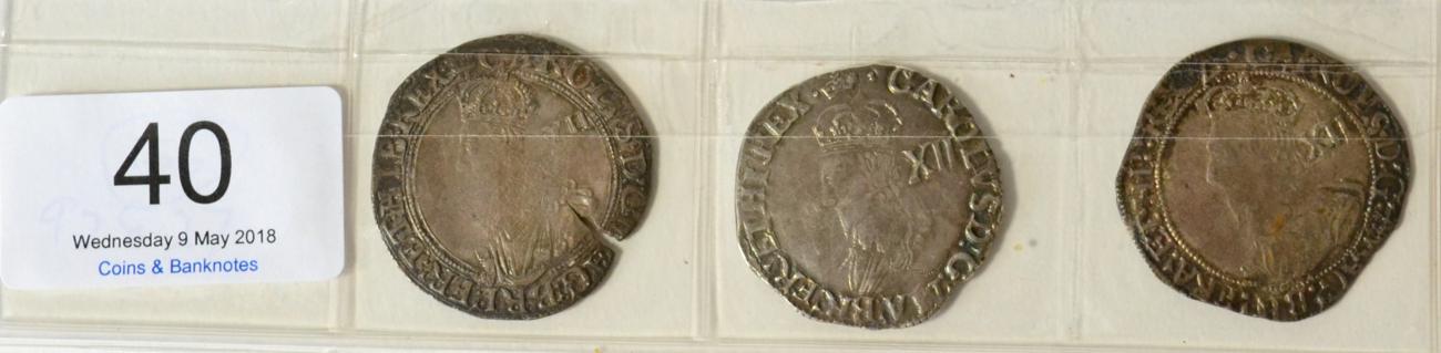 Lot 40 - Charles I, 3 x Shillings comprising: (1) Tower Mint, third bust, MM plume, rev. oval garnished...