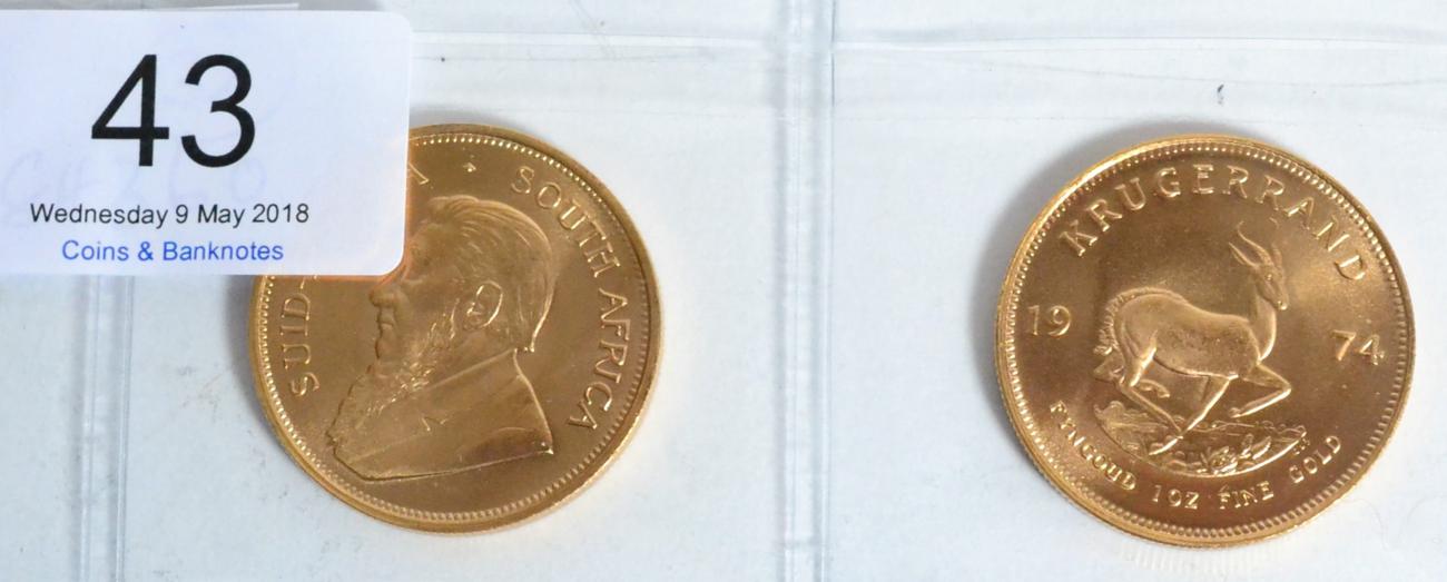 Lot 43 - South Africa 2 x Krugerrands 1974, each 1oz fine gold, BU