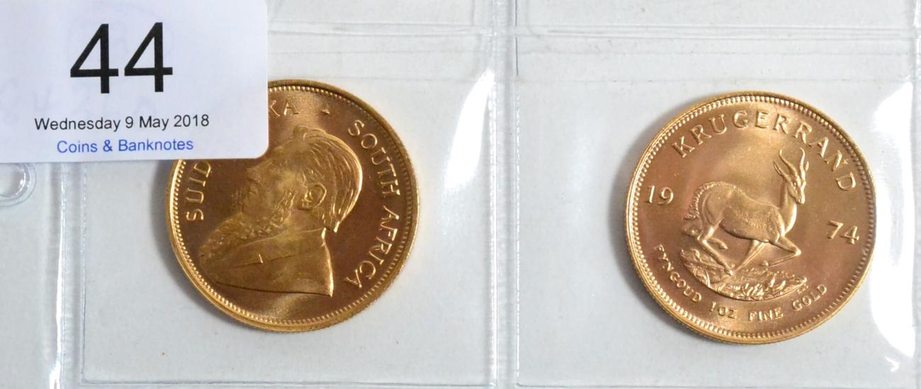 Lot 44 - South Africa 2 x Krugerrands 1974, each 1oz fine gold,  BU