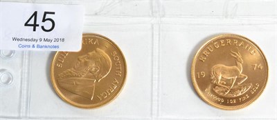 Lot 45 - South Africa 2 x Krugerrands 1974, each 1oz fine gold,  BU