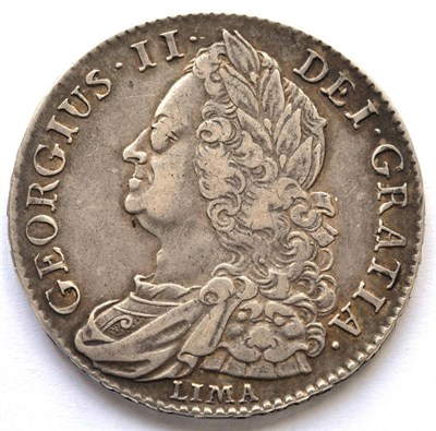 Lot 59 - George II Halfcrown 1745 D.NONO, LIMA below bust; virtually flawless edge & surfaces,...