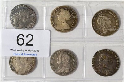 Lot 62 - 6 x Sixpences comprising: William III 1696y York Mint, first bust, large crowns & early harp,...