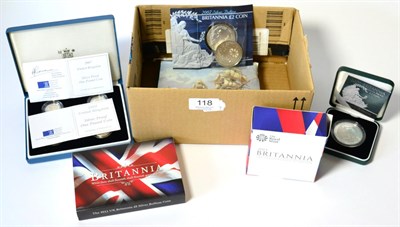 Lot 118 - 5 x 'Britannia' £2 comprising: 1999,  2007 card mounted, 2007 proof with cert, in CofI, 2008...