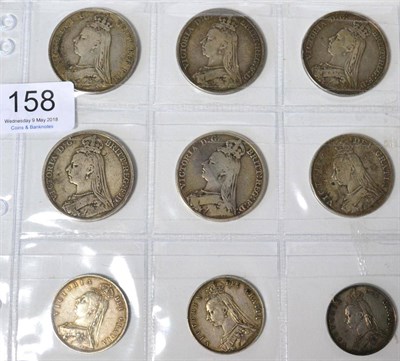 Lot 158 - Victoria, 9 x Jubilee Head Silver Coins comprising: 5 x crowns: 1888 narrow date, 1889(x2) &...