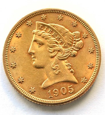 Lot 181 - USA Gold 5 dollars 1905 'Coronet Head,' 8.35g, .900 gold, faint hairlines & small dig in...