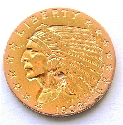 Lot 184 - USA Gold 2½ Dollars 1908 'Indian Head,' 4.16g, .900 gold, light hairlines, minor contact...