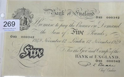 Lot 269 - Bank of England White £5, Beale, London Nov 12 1949, prefix O; light vertical & horizontal...