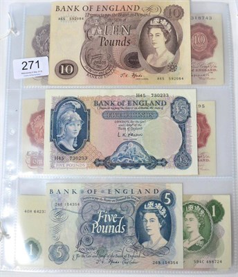 Lot 271 - A Small Collection of Bank of England Notes comprising: £10 Fforde prefix A65, 2 x £5:...