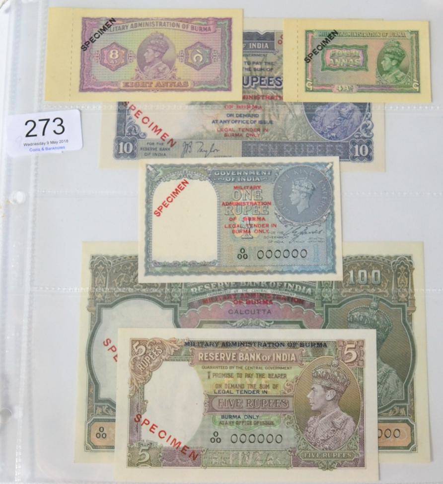 Lot 273 - Burma, a Set of 6 x Specimen Banknotes comprising: 2 x provisional issue notes (1943) 4 annas &...