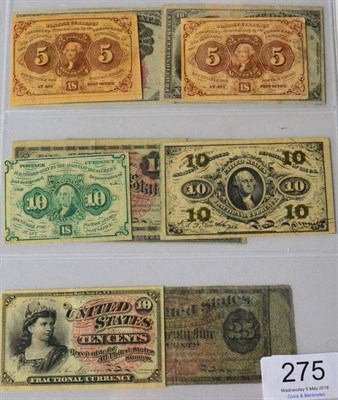 Lot 275 - USA, 12 x 19th Century Fractional Currency Notes comprising: 2 x 5 cents: both postage currency...