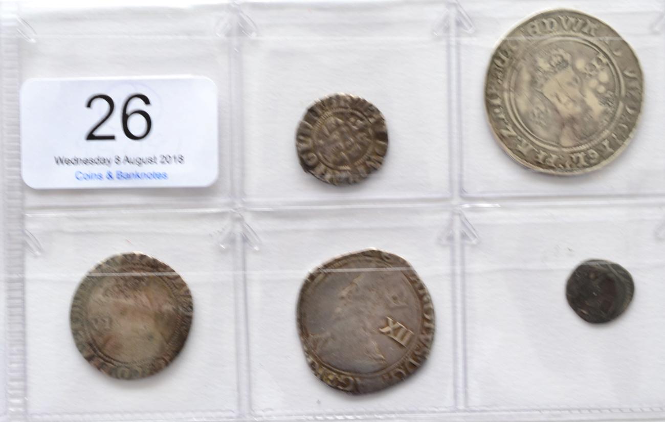 Lot 26 - 5 x English Hammered Silver Coins comprising: Edward I penny, London Mint Fine, Edward VI shilling