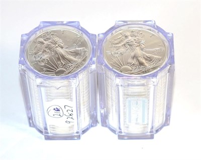 Lot 40 - USA, 40 x Silver Eagle Dollars, each 1oz fine silver, in two mint-sealed rolls each of 20...