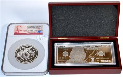 Lot 54 - Australia, Silver Proof 8 Dollars 2013P, 'Year of the Snake,' 5oz .999 silver; rev. snake on...