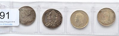 Lot 91 - 4 x Shillings comprising: 1711 fourth bust, plain in angles, '17' of date worn o/wise good edge...