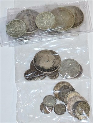 Lot 100 - Miscellaneous English & Foreign Silver Coins comprising: Victoria, 2 x crowns 1890 & 1899 LXII,...