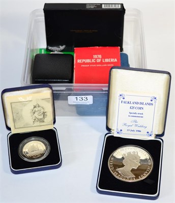 Lot 133 - 7 x Foreign Silver Proofs comprising: Falklands commemorative £25 1986 'Royal Wedding,'...