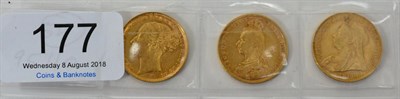 Lot 177 - Victoria, 3 x Sovereigns: 1884M second head, WW complete on truncation, horse with short tail,...