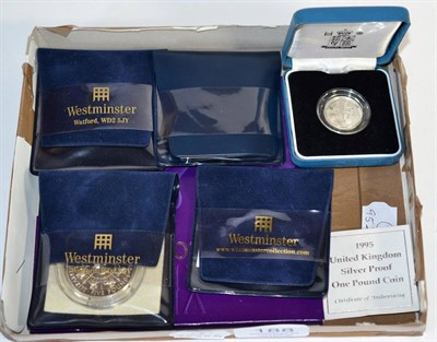 Lot 188 - 3 x Silver Proofs comprising: £5 1993 with cert, in a Westminster wallet FDC, £1 1995...