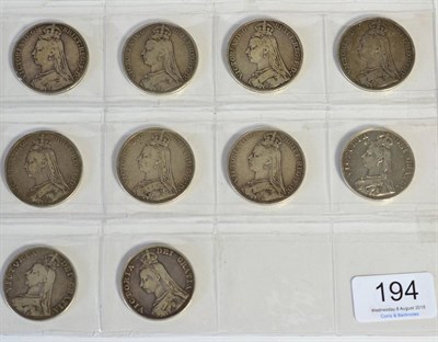 Lot 194 - Victoria, 7 x Jubilee Head Crowns comprising: 1889(x5) & 1890(x2), together with 3 x double...