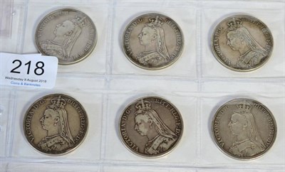 Lot 218 - Victoria, 6 x Jubilee Head Crowns comprising: 1887, 1889(x3, one with minor edge bruises) &...