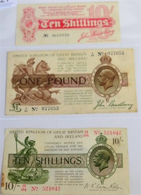 Lot 227 - 3 x Treasury Notes comprising: 10 shillings Bradbury, first emergency issue (August 1914),...