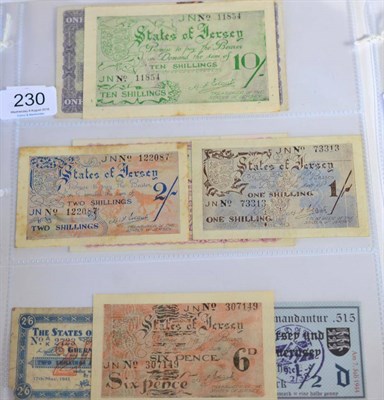 Lot 230 - Jersey, a Collection of WW11 Banknotes comprising: 10 shillings prefix JN, issued April & June...