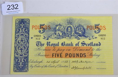 Lot 232 - The Royal Bank of Scotland £5, prefix G, dated 1st April 1955 & signed Ballantyne &...