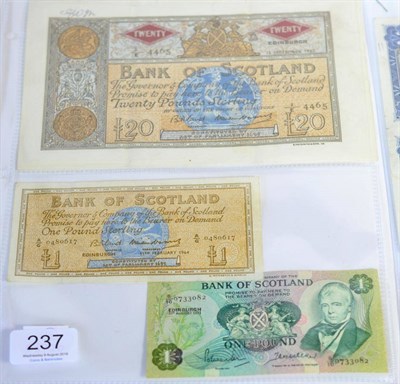 Lot 237 - Bank of Scotland £20, dated 13 September 1960 prefix 3/E, signatories Bilsland & Watson; two...