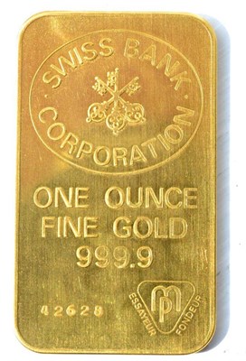 Lot 248 - A 1 Ounce Gold Ingot, .999 gold (tested and verified), issued by Swiss Bank Corporation, BU