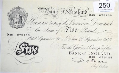 Lot 250 - Bank of England White £5, Beale dated September 21 1949, O48; light wrinkling & faint...