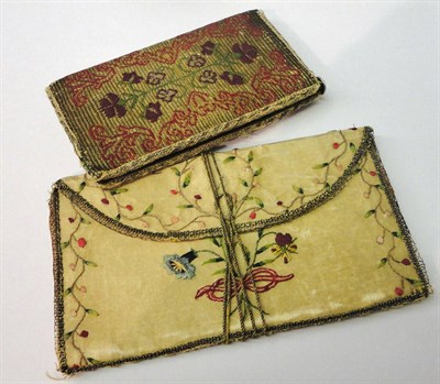 Lot 1 - An 18th Century Cream Silk Wallet Embroidered With Flowers, pink silk lining and gold thread...