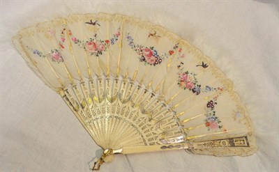 Lot 3 - A Late 18th Century Ivory Fan, with pierced and painted sticks and guards, a white feather...