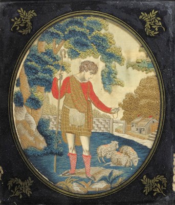 Lot 4 - A Pair of Late 18th Century Gilt Framed Wool Embroidered and Silk Pictures, of a shepherd and...