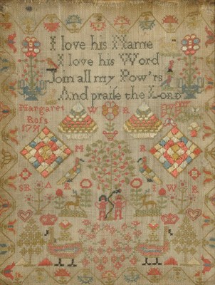 Lot 5 - An Adam and Eve Sampler Worked by Margaret Ro*s, dated 1791, in cross stitch and long stitch in...