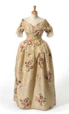 Lot 6 - A Circa 1760 Silk Brocade Two Piece, comprising a full skirt and fitted short sleeved bodice with a