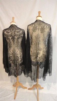 Lot 28 - Two Late 19th Century Black Lace Capes, decorated with foliate motifs; a black woven silk...