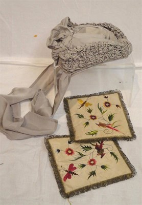Lot 30 - A Circa 1870's Grey Silk Bonnet, with a shaped crown and ruched detailing, labelled to the...