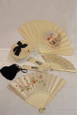 Lot 38 - Late 19th Century Fans and Accessories, including a carved bone fan with pierced sticks and...