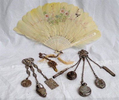 Lot 43 - A Late 19th Century Five Piece Chatelaine, including a horn comb, circular basket style box...
